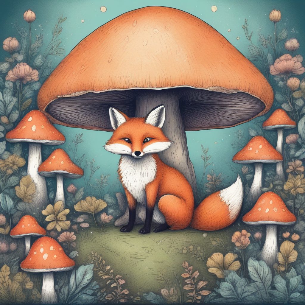 🐾超萌头像生成!蜡笔风小狐狸:在巨型蘑菇下避雨的日常