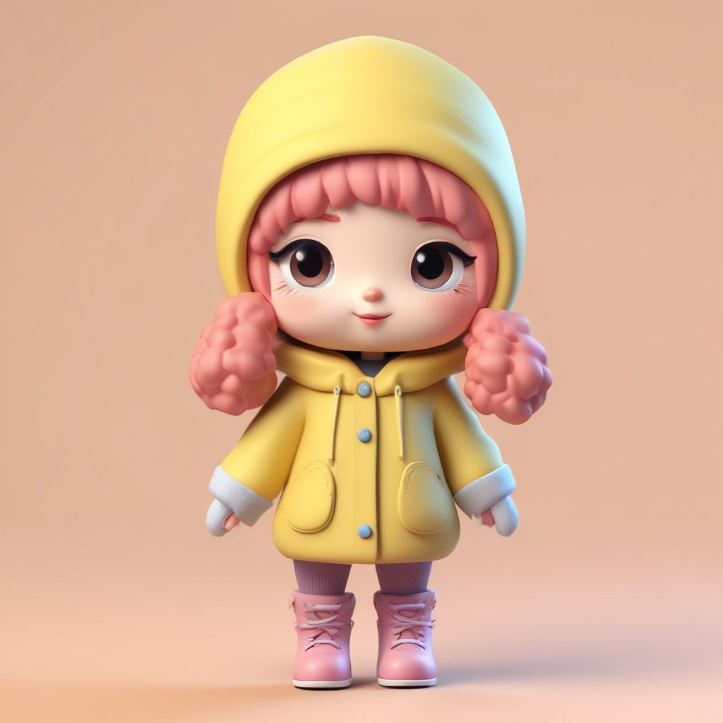 超奶萌！抱着毛绒手套的Q版女孩，委屈嘟嘴表情，C4D高级质感