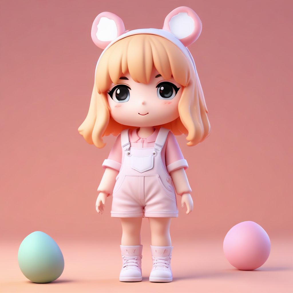 超甜Q版: 穿毛绒背带裤的可爱女孩比心提示词