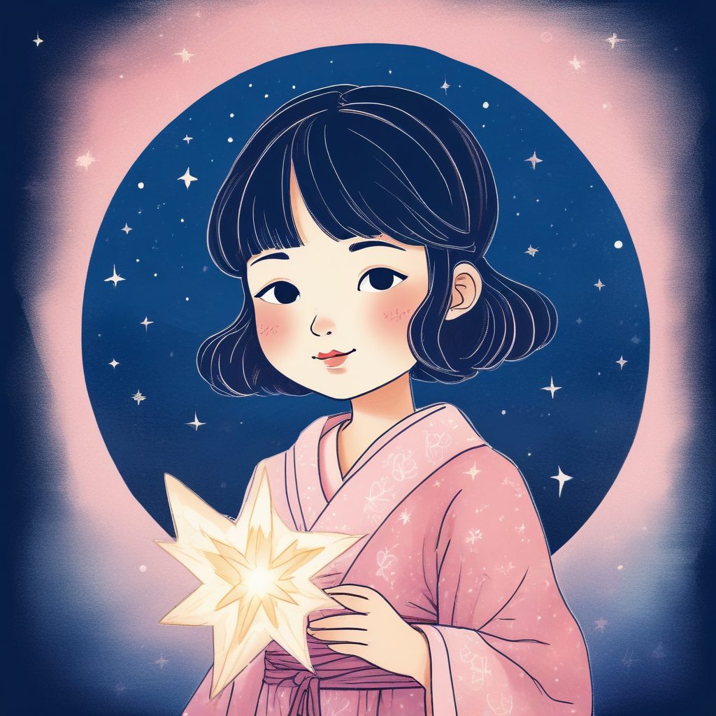 超甜软萌:日系女孩与星星,粉蓝梦幻纯色背景插画