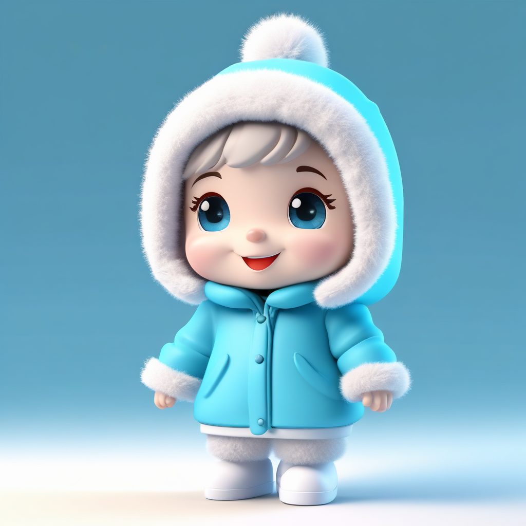 超细节8K:一个爱玩雪的Q版女孩,穿着雪地靴的俏皮姿势