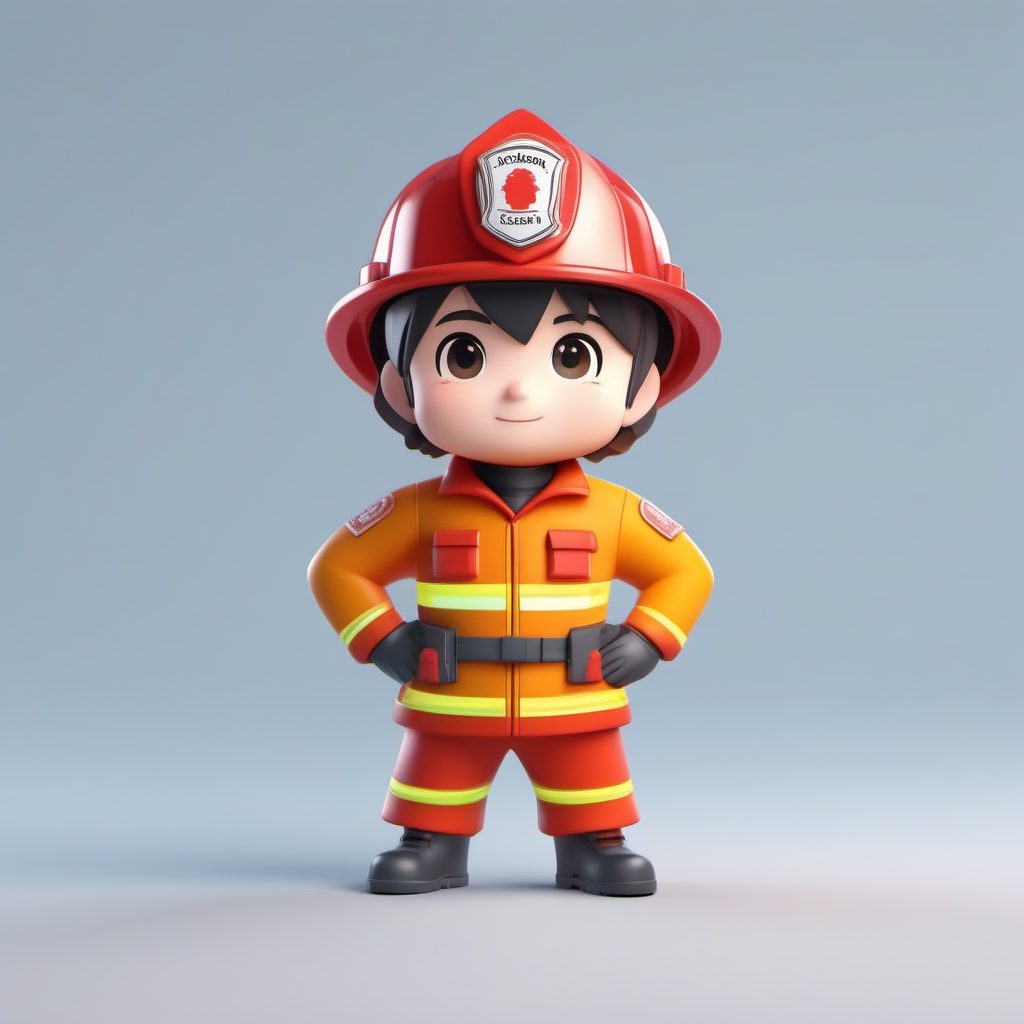 超细节粘土材质：C4D消防员Q版全身手办设计，纯色背景AI艺术