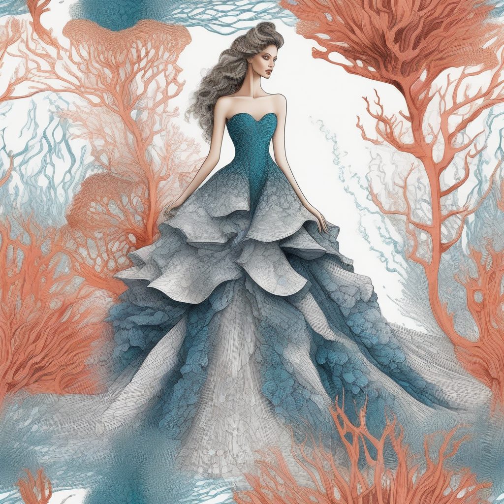 超现实珊瑚主题:夸张廓形高级时装创意画面提示词 1 超现实珊瑚主题:夸张廓形高级时装创意画面提示词