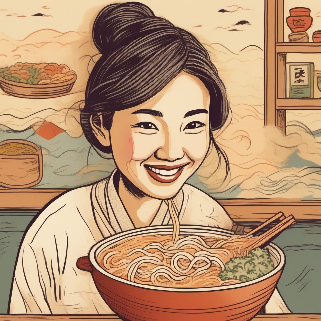 超治愈!AI生成手捧热气腾腾拉面的粉蓝系日系女孩插画