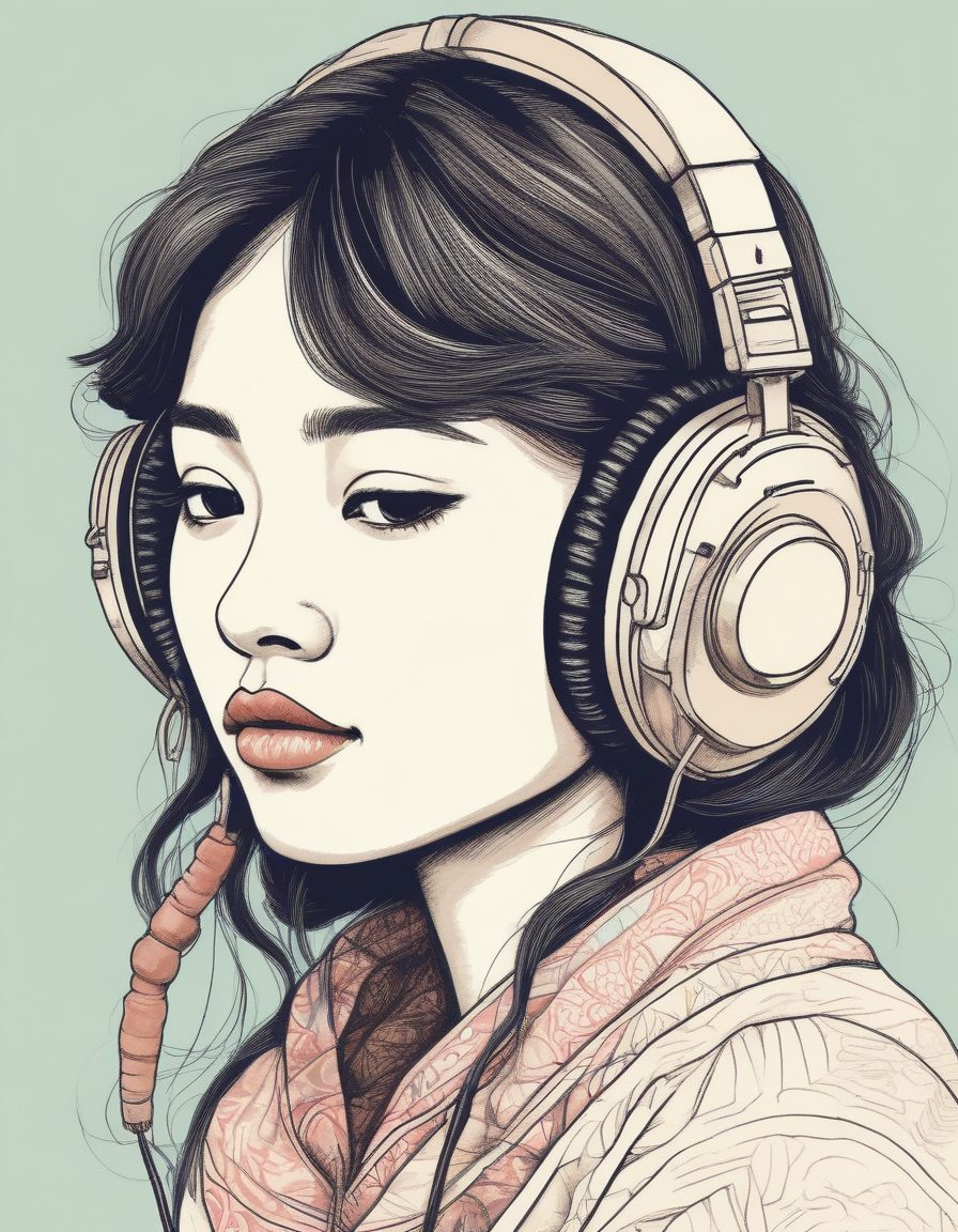 沉浸式听歌:日系耳机少女的线稿插画与蜡笔画风解析