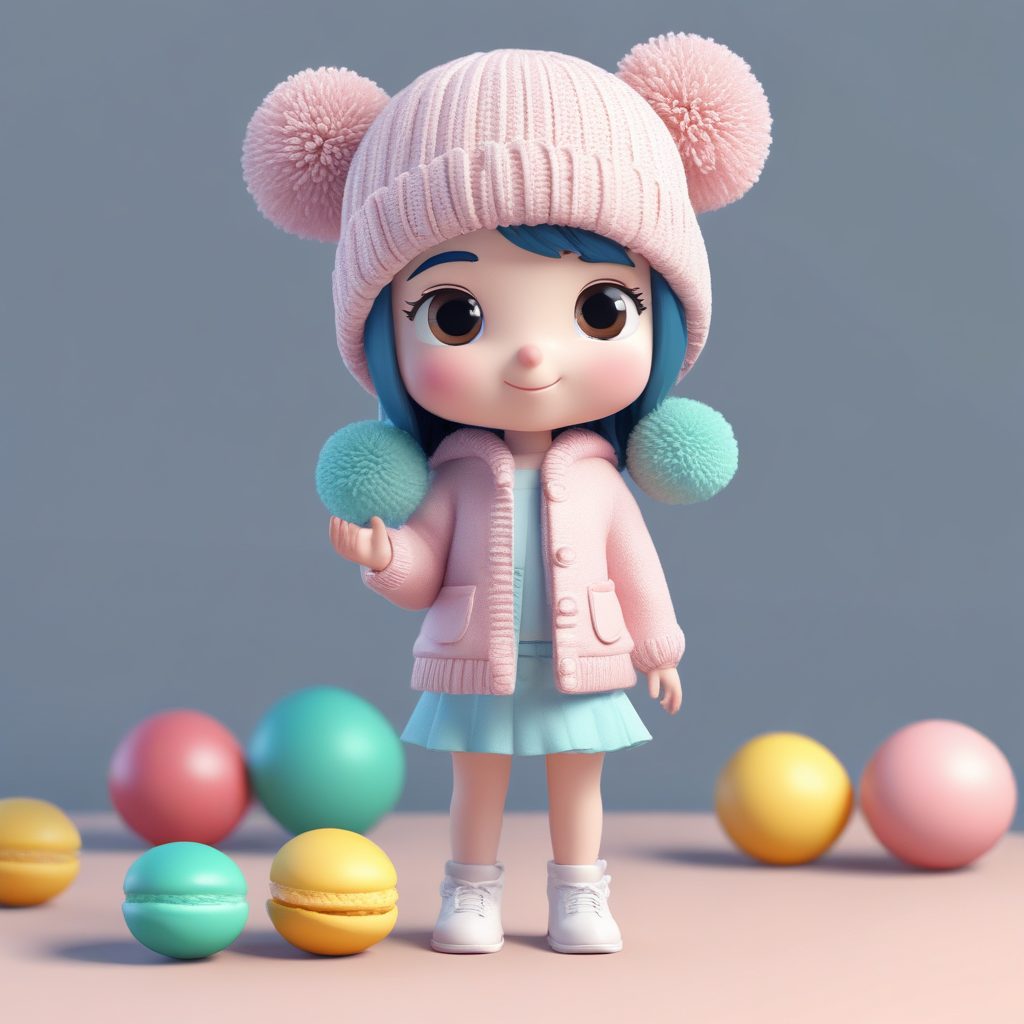 吃马卡龙的Q版少女：毛球帽与喜悦表情的C4D建模