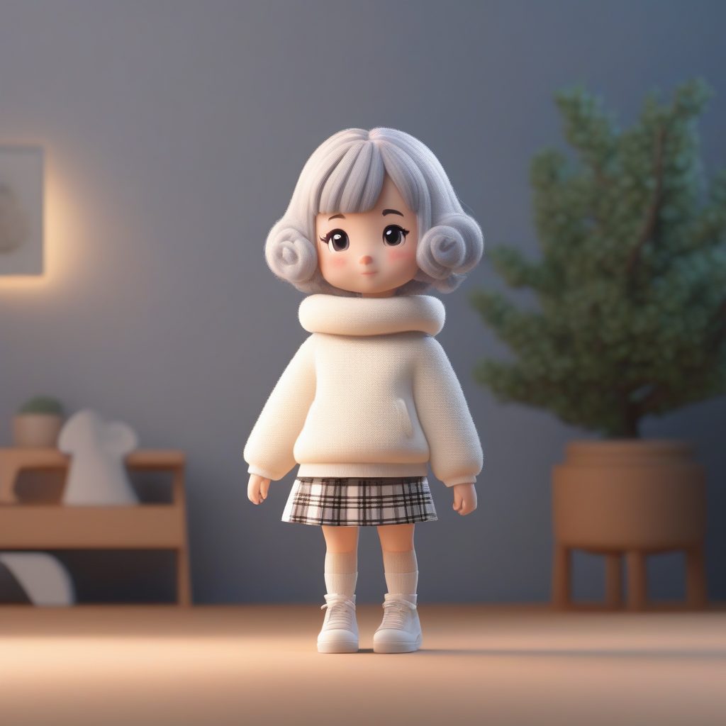 Chibi女孩冬日慵懒风：羊羔绒毛衣Q版全身站立AI绘画指令