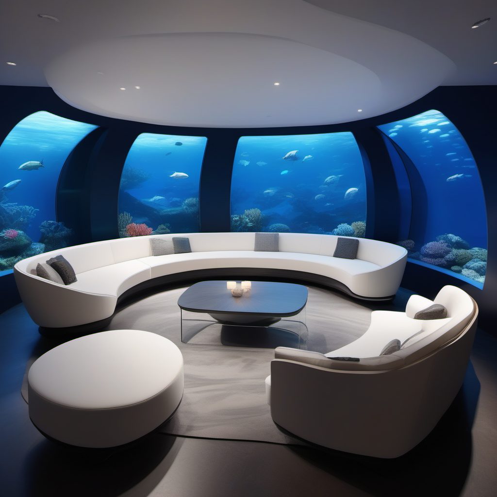 冲击视觉：AI绘制8K水下豪宅客厅，现代极简风格的深海景观