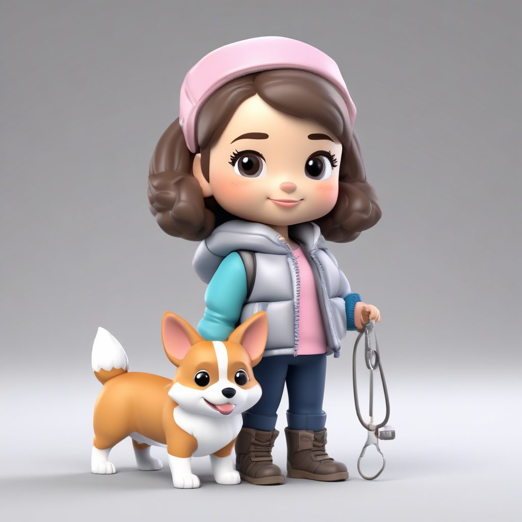 宠物陪伴Q版:牵着柯基犬的冬装搭配与治愈表情