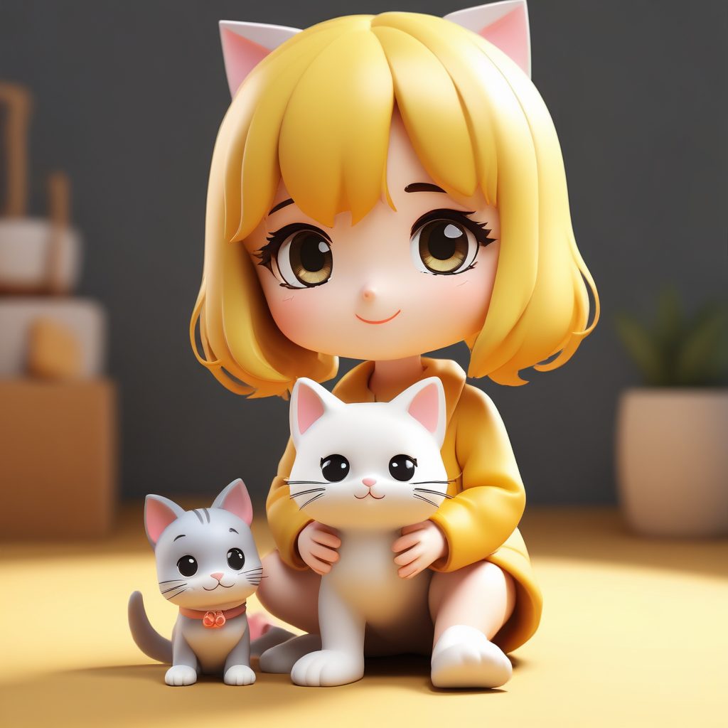宠物治愈系：Q版女孩与小猫的温馨互动 AI 绘画