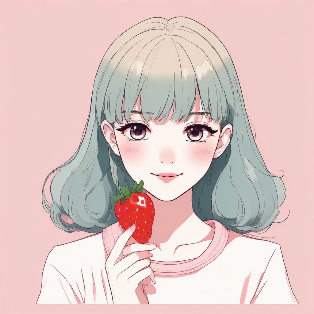 春日野餐风极简头像：手拿草莓的二次元少女与纯色背景