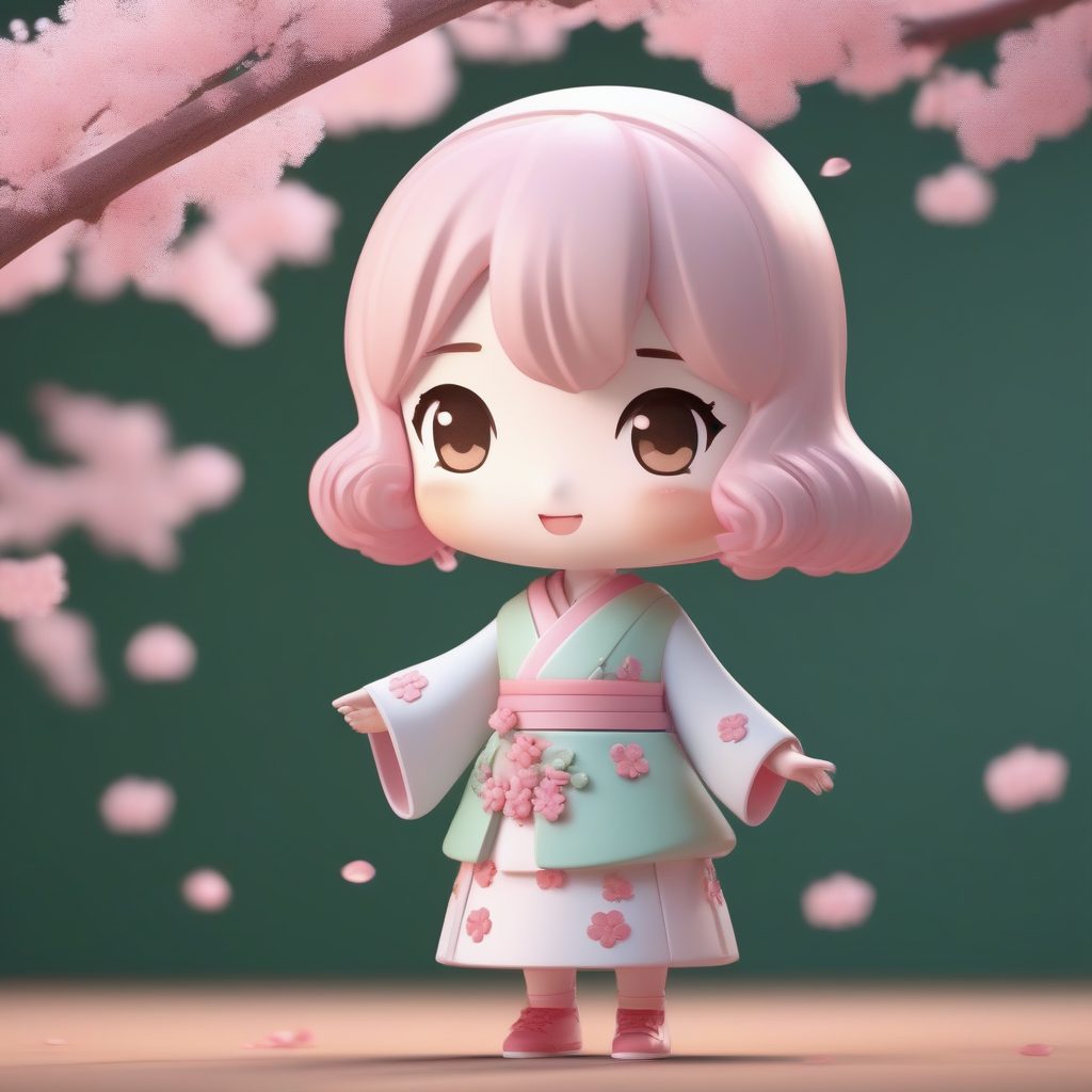 春日治愈系:樱花主题Q版粘土手办,柔和布光与8K高细节渲染