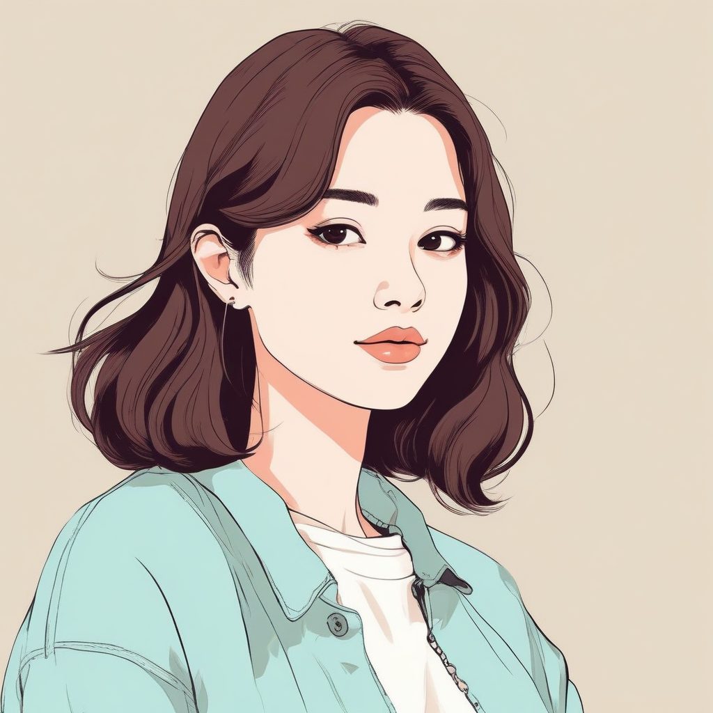 纯色背景头像：温柔治愈系极简手绘线稿，慵懒风可爱少女