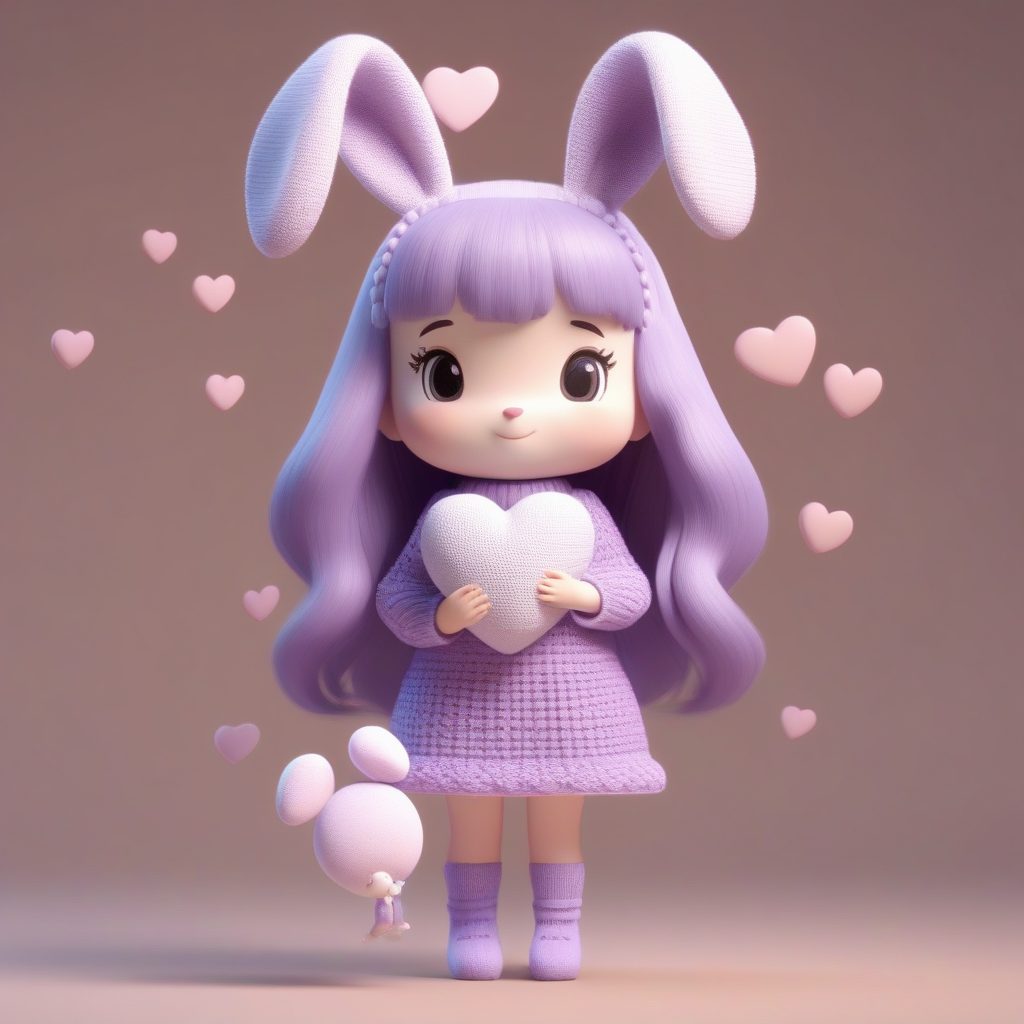 纯色背景下的Q版兔耳娘:冬季针织裙穿搭,3D盲盒风范展示