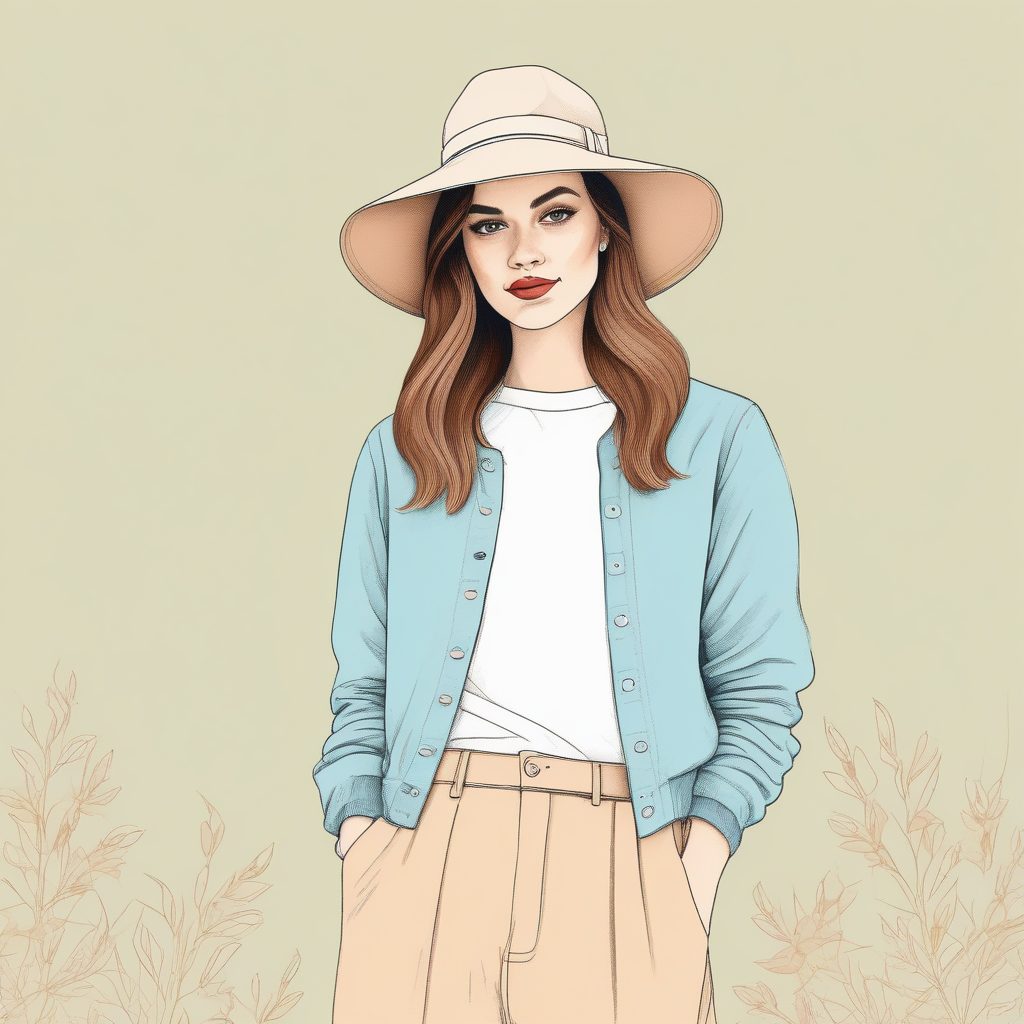 粉蓝时尚女孩手绘插画：极简线稿纯色背景设计灵感