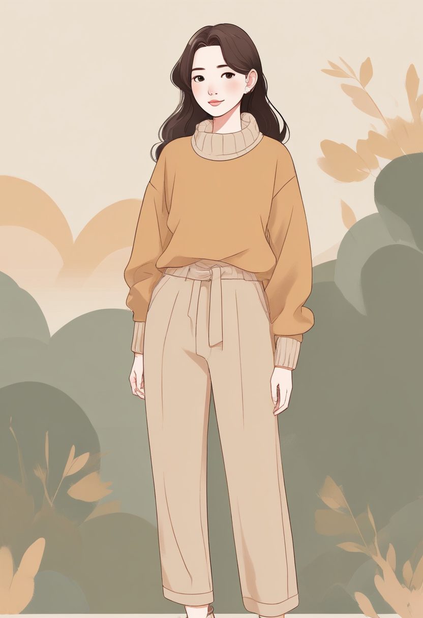 🍂大地色系穿搭！治愈系韩系少女极简插画，全身照纯色背景锁屏
