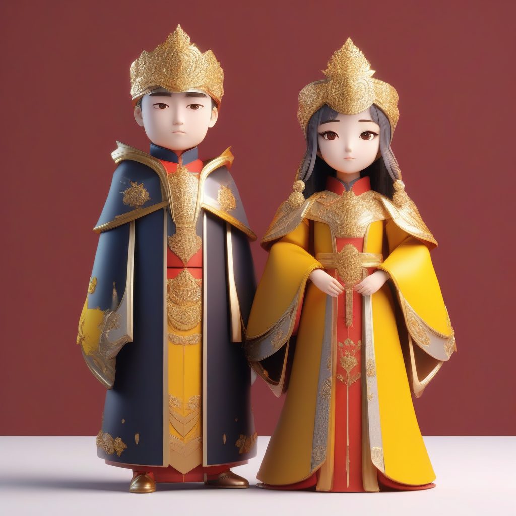 帝后Q版粘土手办：超细节C4D全身渲染，古风皇室情侣必备提示词