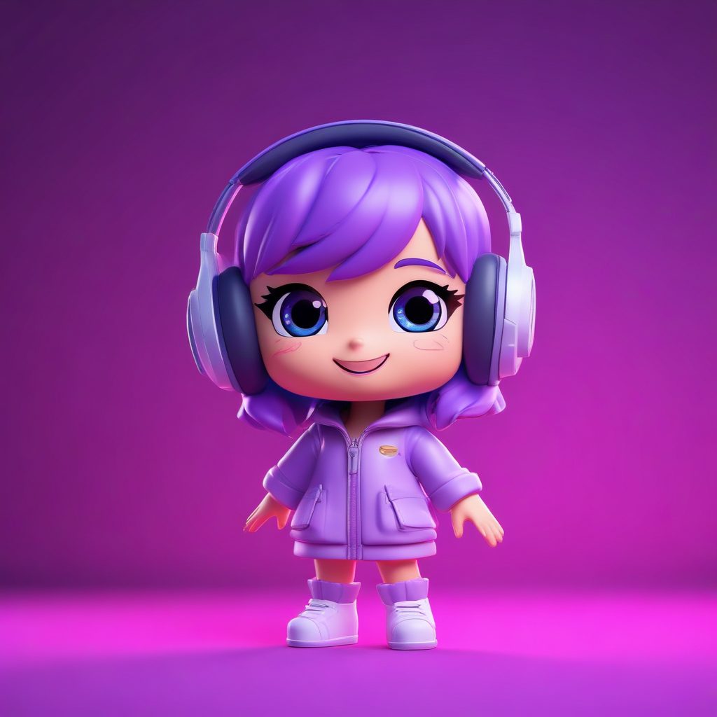 电竞风Q版少女 AI 绘画:耳机与霓虹紫的未来感插画
