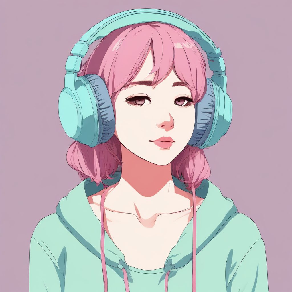 电竞少女的极简风：戴着纯色耳机的二次元头像AI绘画指令
