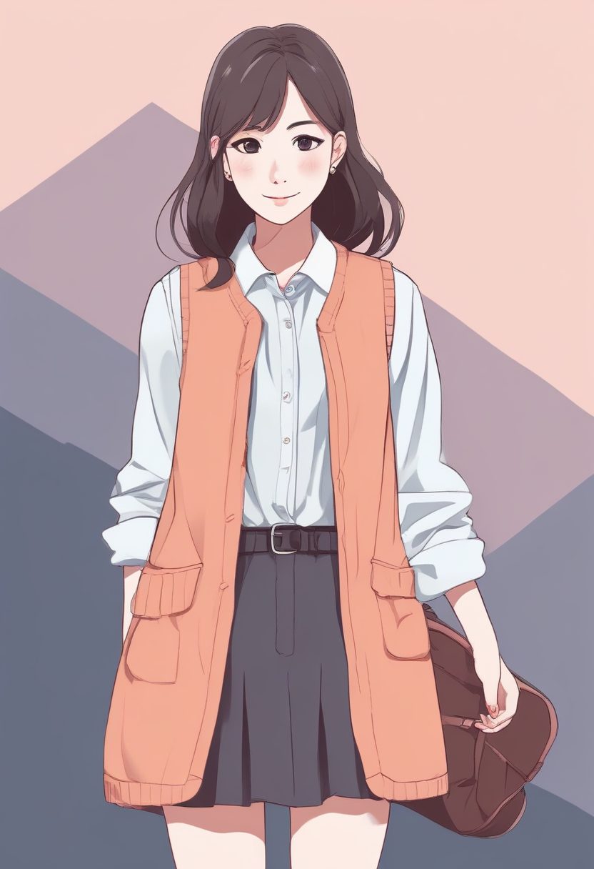 叠穿技巧Get！极简线稿插画：衬衫裙叠穿毛衣背心女孩全身像，氛围感绝了！