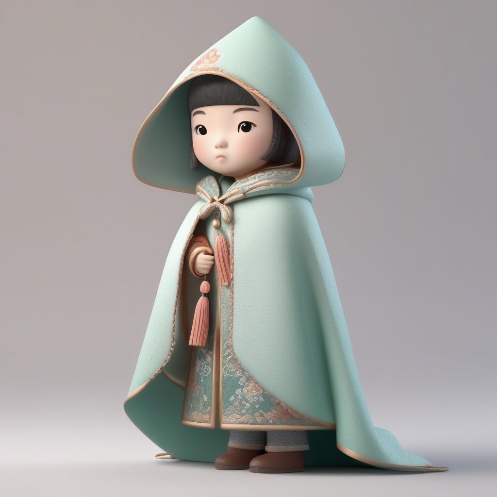 东方美学融合：Q版汉服风冬季披风3D渲染全身站立图