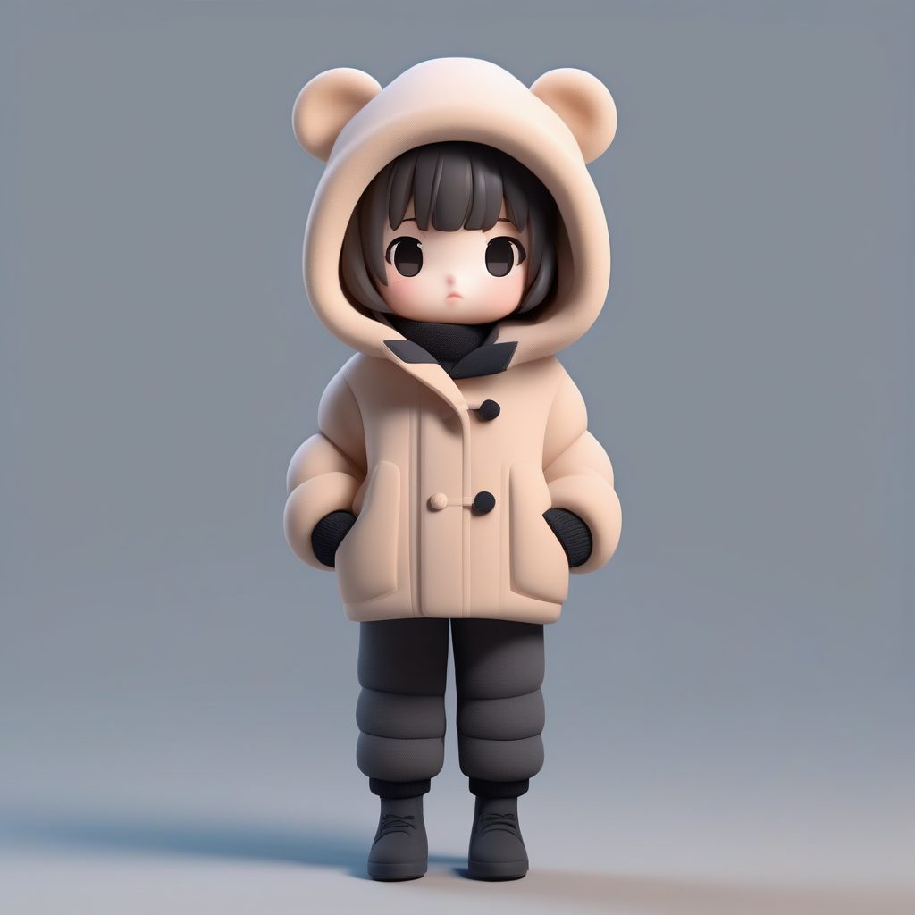 冬季C4D建模:Q版泰迪熊外套女孩3D全身渲染图,超清8K AI提示词