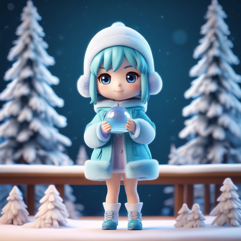 冬季甜心：一个可爱时尚的动漫 chibi girl，冬日装扮，表情动作丰富，纯色背景，手捧透明雪球，光影唯美