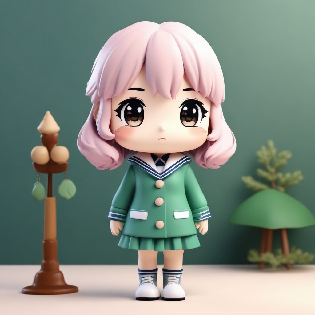 冬季制服: 穿海军领大衣的Q版女学生全身照提示词