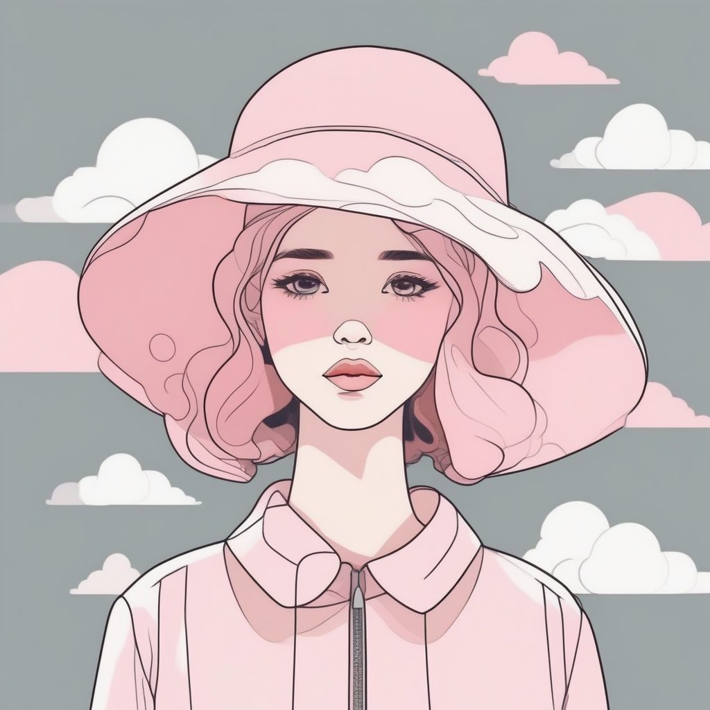 动漫极简风格：厚描边与纯色背景的完美结合——头戴云朵帽的女孩