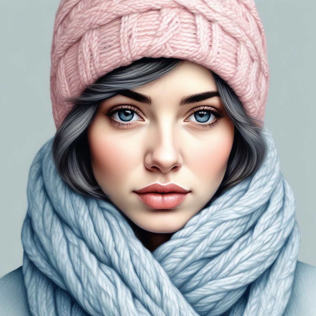 冬日保暖:AI绘制包裹在巨大围巾中的粉蓝系少女
