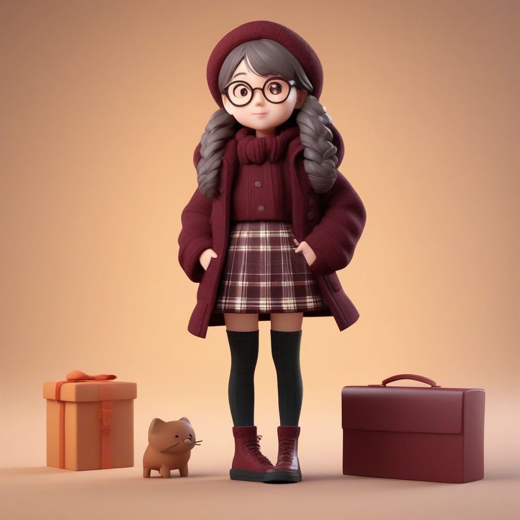 冬日叠穿秘籍:学院风格子裙Q版盲盒全身站立AI提示词