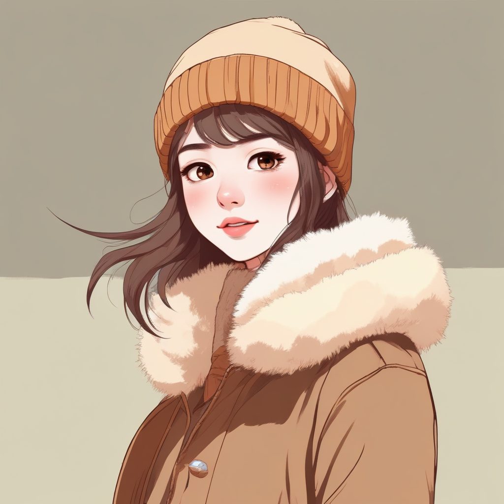 👑冬日氛围感 | 可爱毛线帽少女全身照,暖棕色系线稿分享