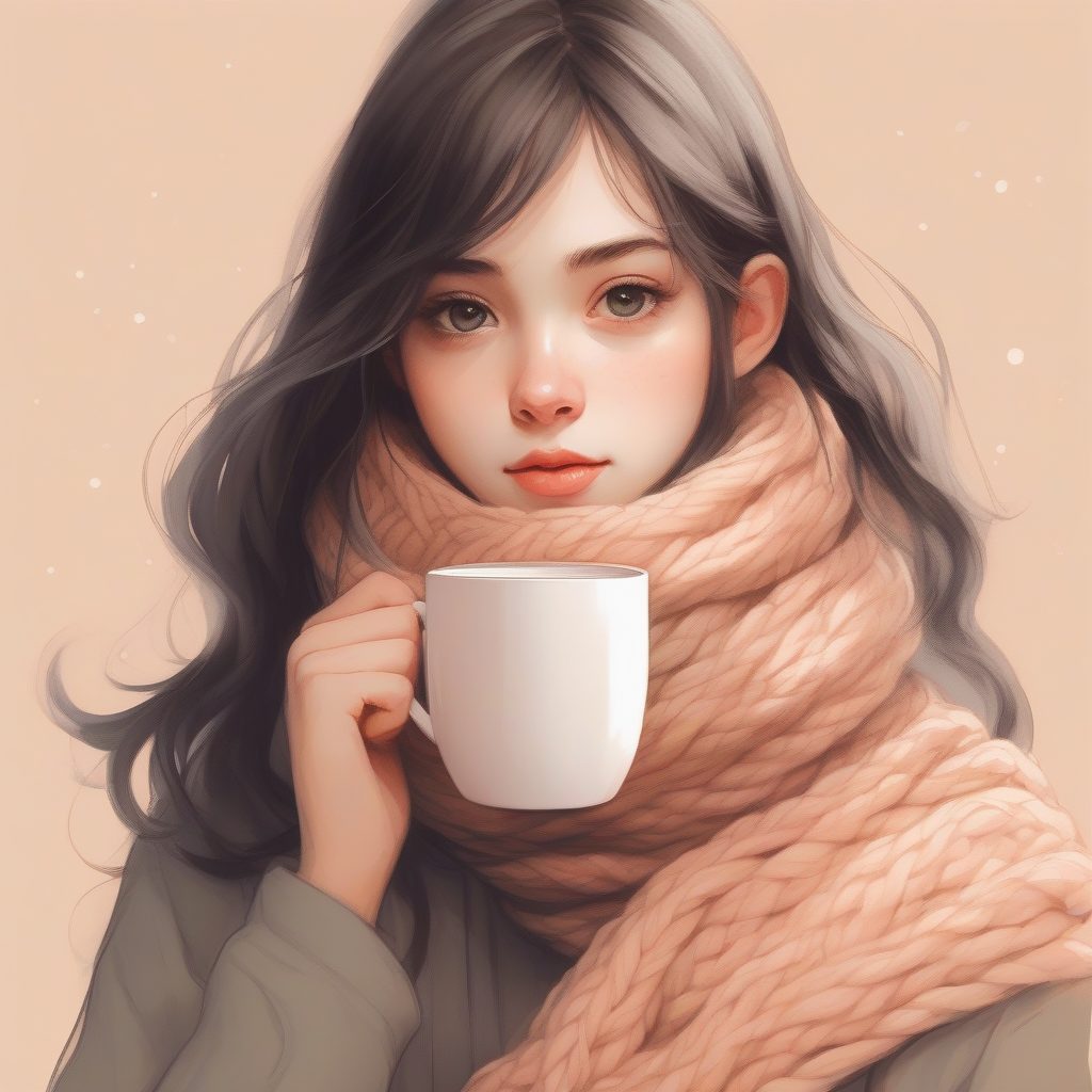 冬日极简主义:赛璐珞风动漫人像,低饱和热可可女孩AI提示词大全