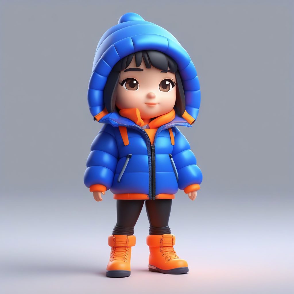 冬日街头风：超大羽绒服Q版盲盒3D渲染全身像AI提示词