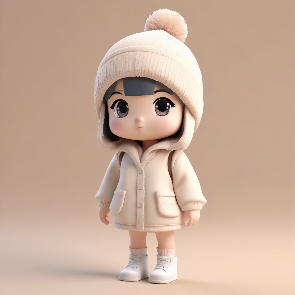 冬日可爱风穿搭: 戴毛线帽的Q版女孩害羞地捂嘴提示词