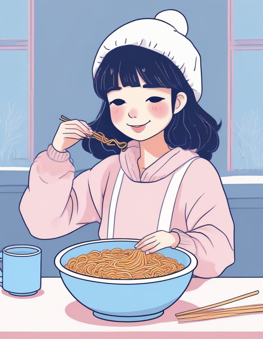 🍜冬日美食系！极简手绘线稿，可爱少女的温暖瞬间
