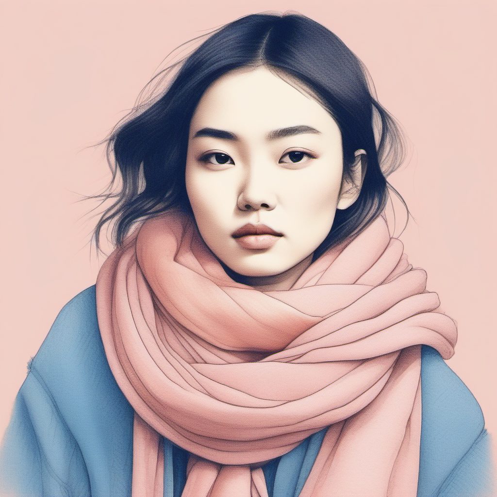 冬日围巾女孩:极简软萌的粉蓝配色与线条勾勒技巧
