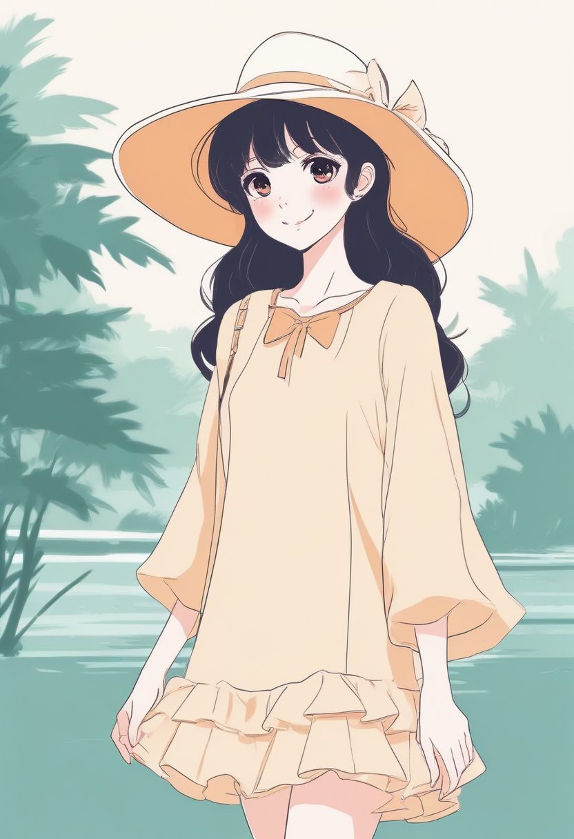 度假风穿搭！极简线稿插画：宽檐帽+飘逸长裙女孩全身像，超高出片率！