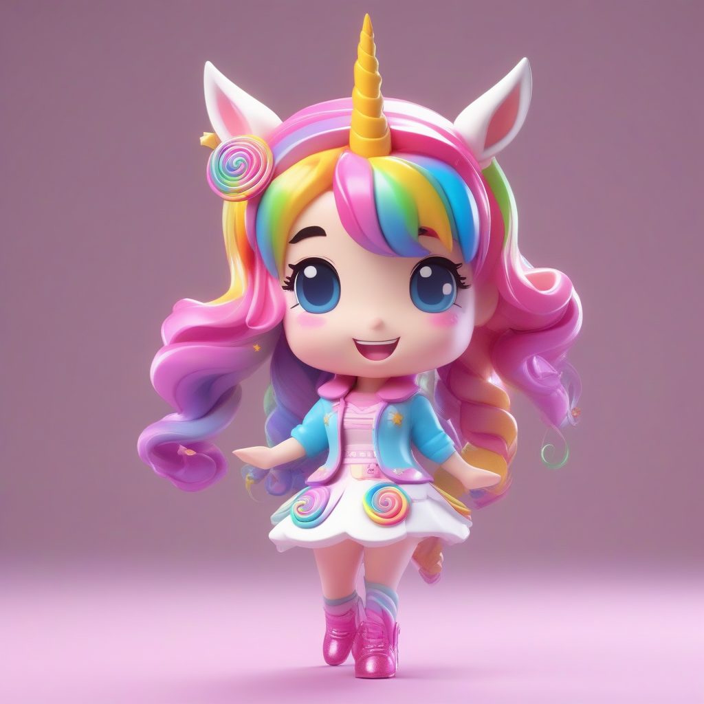 独角兽糖果女孩:Octane渲染下的梦幻3D粘土手办全身照,纯净背景