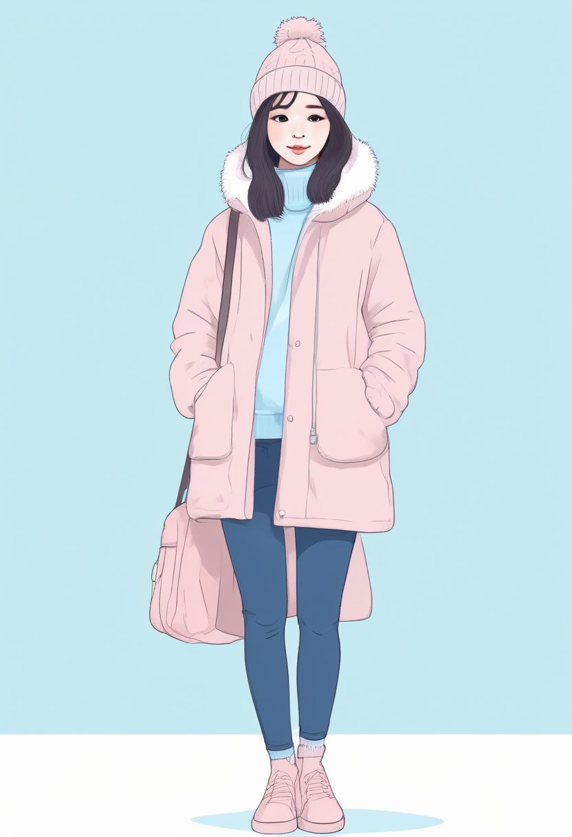 ☁️超仙气！治愈系棉花糖色极简线稿插画，韩系少女冬装壁纸