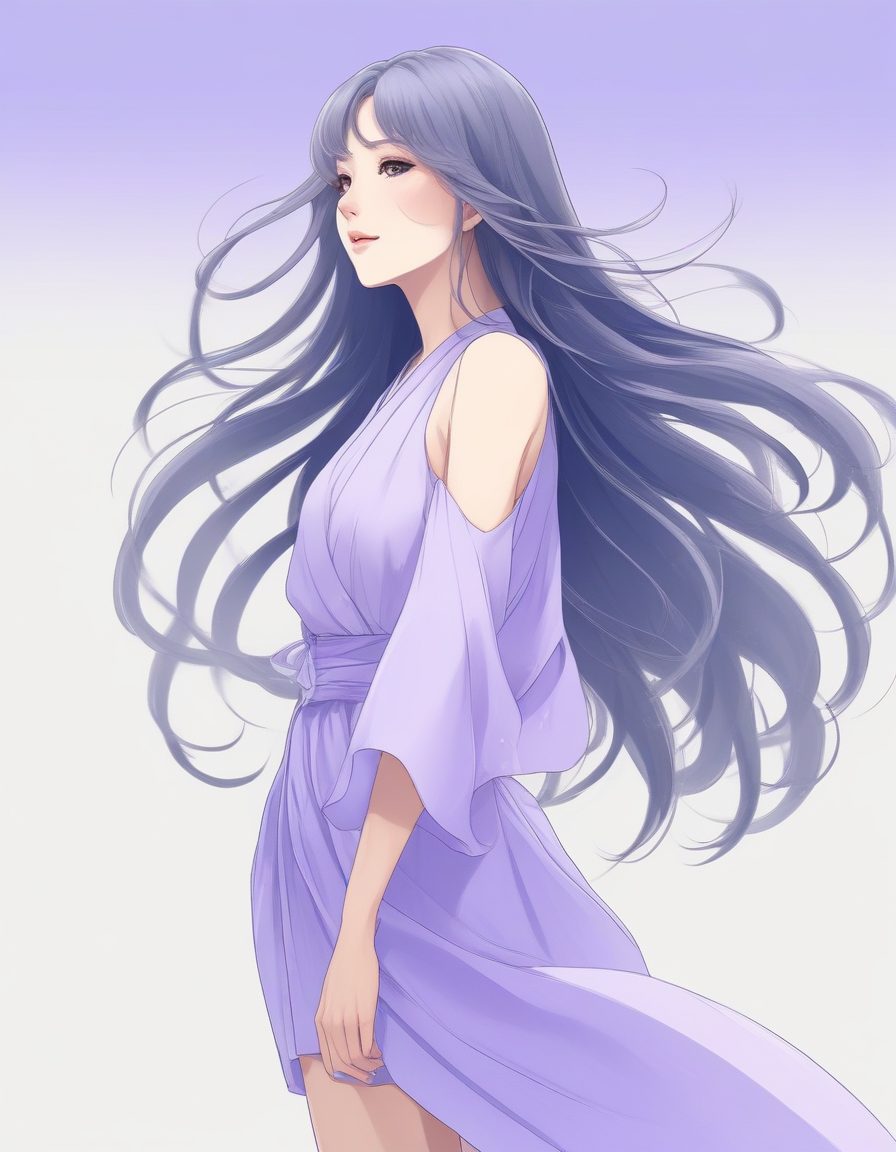 🌬️风中飘扬长发！唯美极简线稿少女，淡紫色低饱和配色，氛围感壁纸