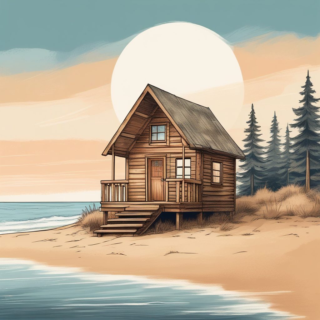 🏖️海滩上的小木屋!温暖治愈系插画,海边旅行背景图