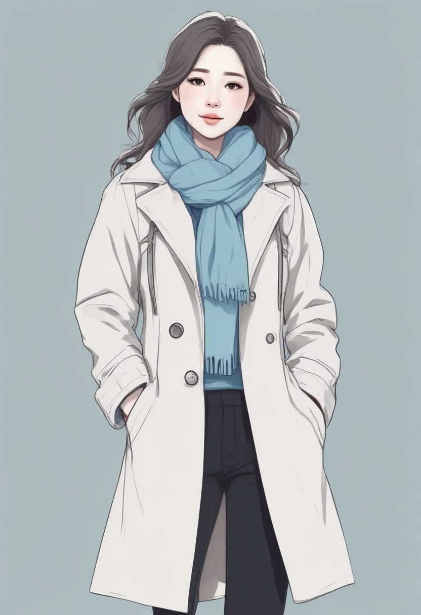 🌬️清冷高级灰！极简线稿插画，长款围巾韩系少女，冬日全身照壁纸