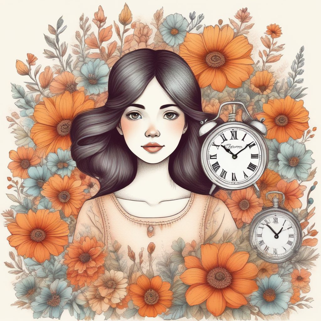 🕰️时光碎片!手绘风壁纸:被鲜花和时钟环绕的少女