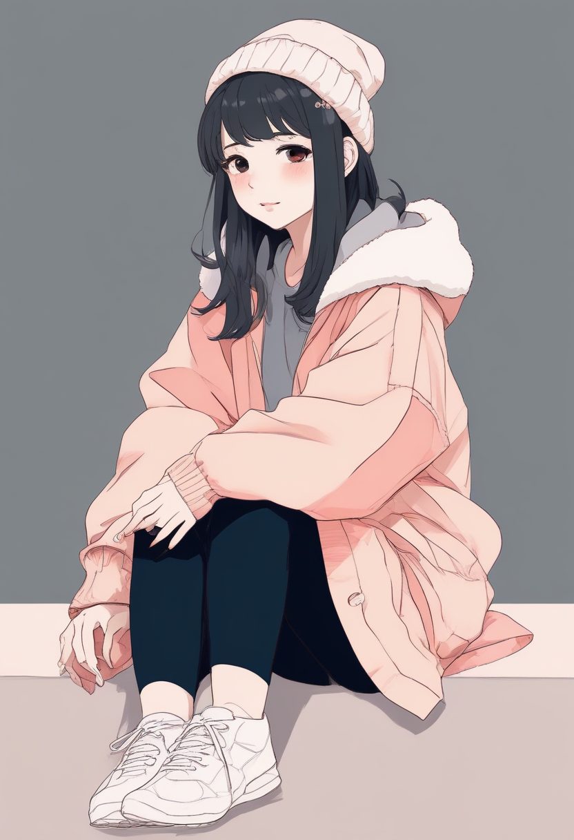 🖍️ 手绘感：极简线稿插画，可爱日系少女抱膝坐，冬日穿搭，纯色背景壁纸。