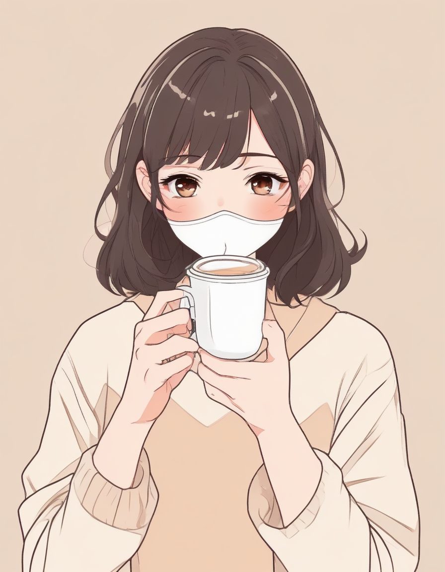 ☕️手捧热饮的安静少女！冬季极简治愈系插画，拿铁色低饱和壁纸