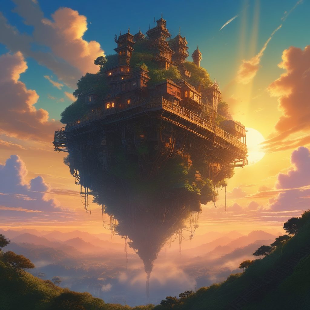 ☁️天空之城灵感!宫崎骏治愈系画风,超高细节蒸汽朋克风浮岛,适合当背景图。