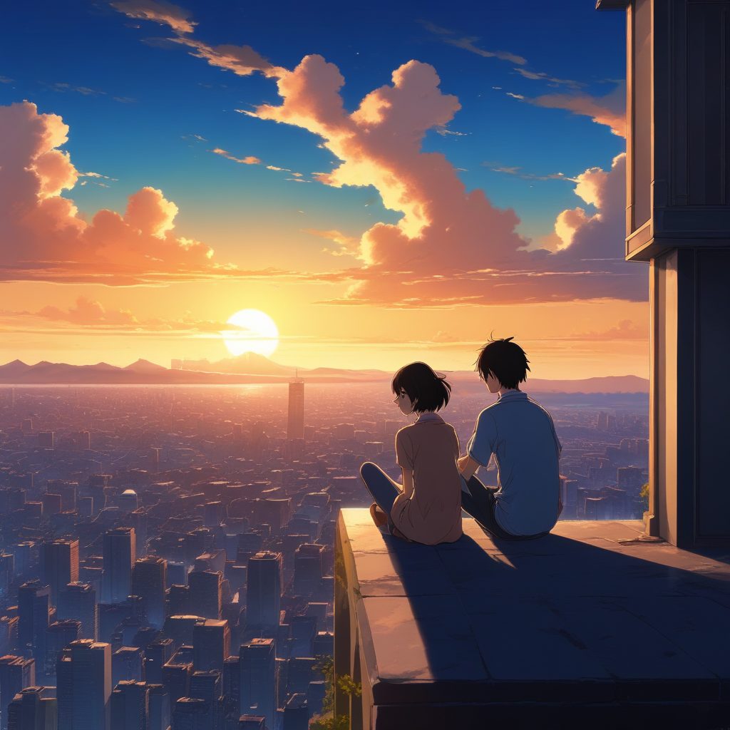 🏙️午后天台!新海诚风少年少女,高细节城市远景,适合做情侣壁纸!