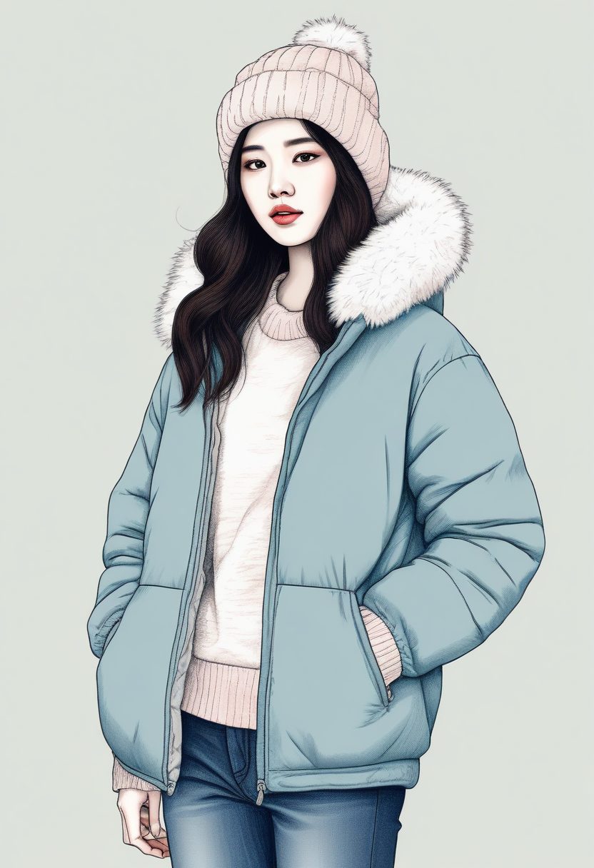 🌨️小红书爆款:韩系少女冬日穿搭,治愈系彩色铅笔线稿壁纸