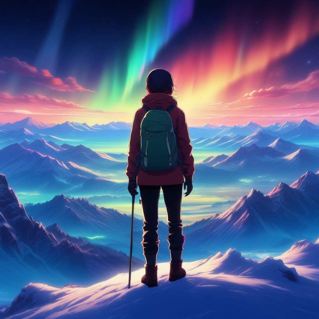 🏔️雪山少女！高饱和度动漫风，极光下的史诗级风景壁纸！